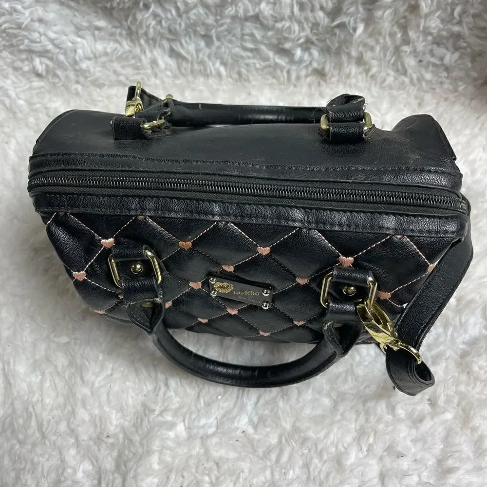 Betsey Johnson small quilted black Boston bag with pink heart embroidery